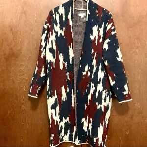 Knox Rose Oversized Long Cardigan Duster Open Front Burgundy Blue Printed Pocket